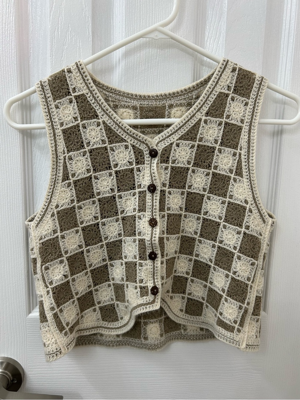 Women’s Boho Handmade Crochet Checkered Button-Front Vest in Cream & Brown